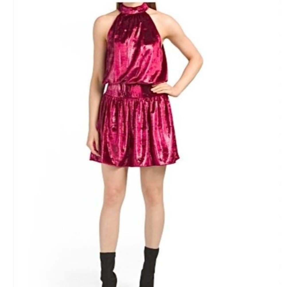 Ramy Brook Deep Magenta Velvet Ellin Mini Dress Ruffle Halter Neck Sz Medium nwt